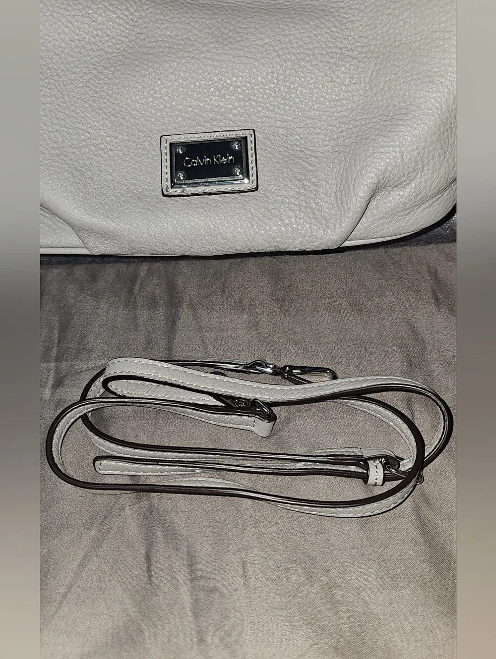 Calvin Klein Pebbled Leather Shoulder Bag in Light Gray with Tassel